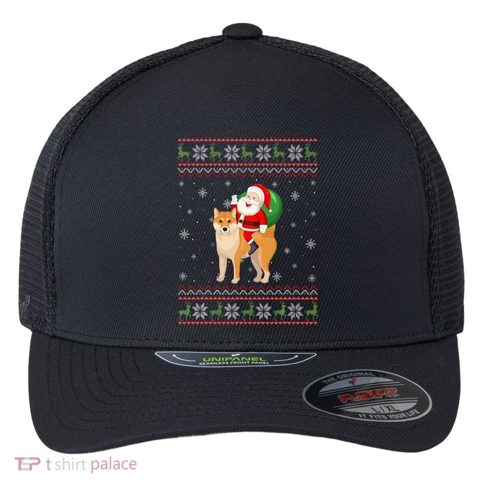 Christmas Santa Riding Shiba Inu Dog Funny Ugly Xmas Sweater Flexfit Unipanel Trucker Cap