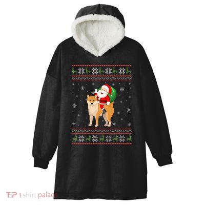 Christmas Santa Riding Shiba Inu Dog Funny Ugly Xmas Sweater Hooded Wearable Blanket