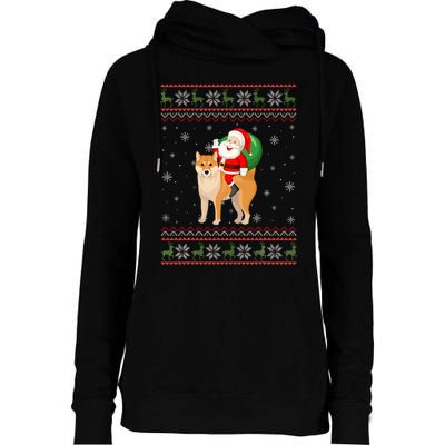 Christmas Santa Riding Shiba Inu Dog Funny Ugly Xmas Sweater Womens Funnel Neck Pullover Hood
