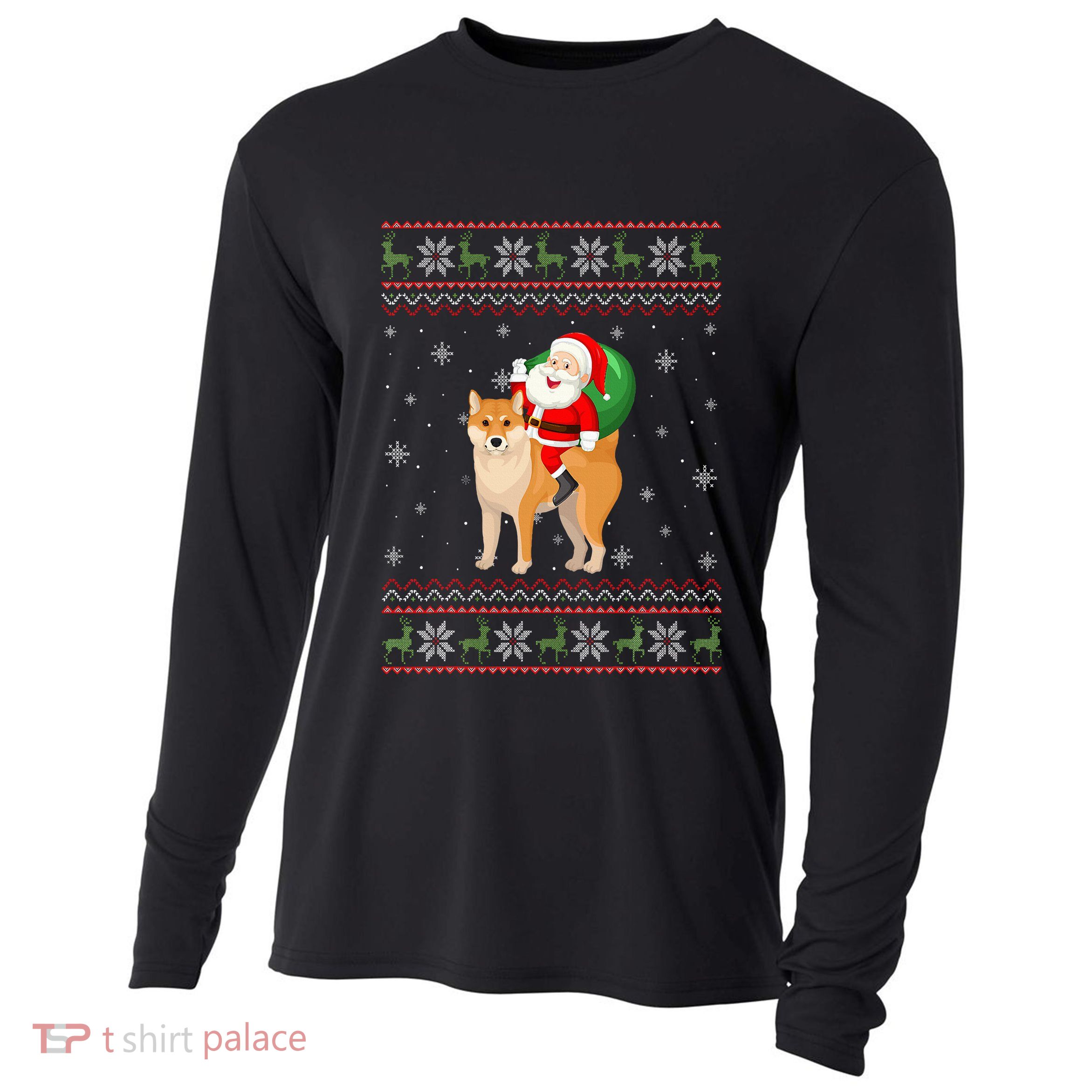 Christmas Santa Riding Shiba Inu Dog Funny Ugly Xmas Sweater Cooling Performance Long Sleeve Crew