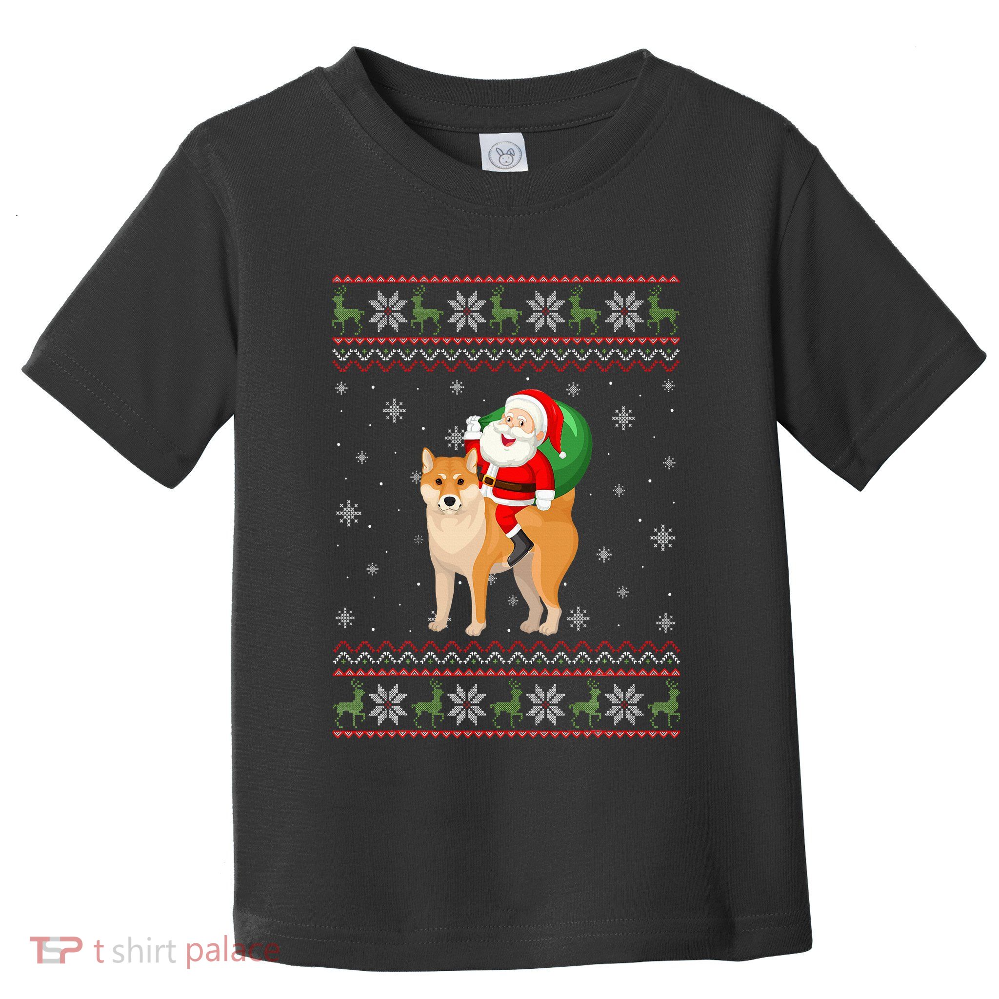 Christmas Santa Riding Shiba Inu Dog Funny Ugly Xmas Sweater Toddler T-Shirt