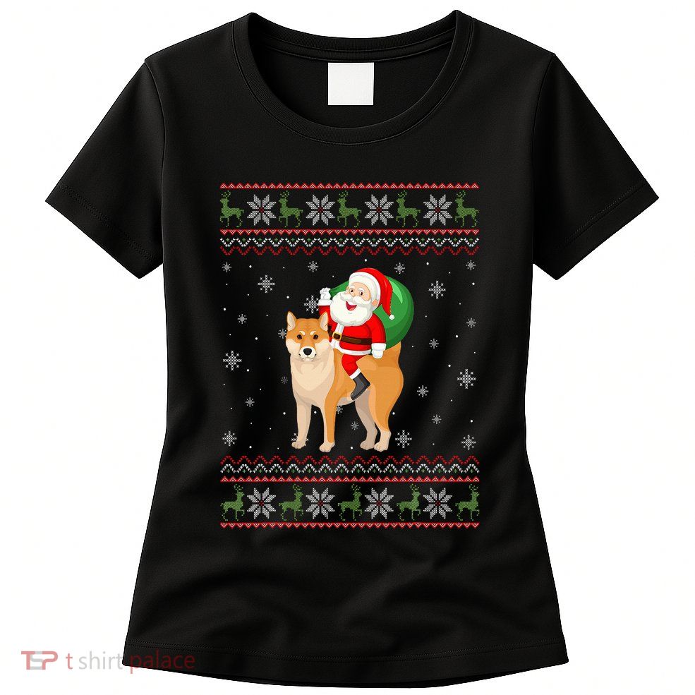 Christmas Santa Riding Shiba Inu Dog Funny Ugly Xmas Sweater Womens T-Shirt