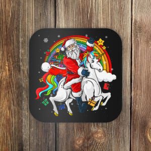 Christmas Santa Riding Unicorn Xmas Women Rainbow Coaster