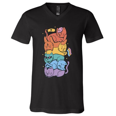 Cat Stack Rainbow Gay Pride LGBT Cute Cat Lover V-Neck T-Shirt