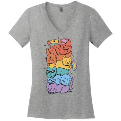 Cat Stack Rainbow Gay Pride LGBT Cute Cat Lover Women's V-Neck T-Shirt