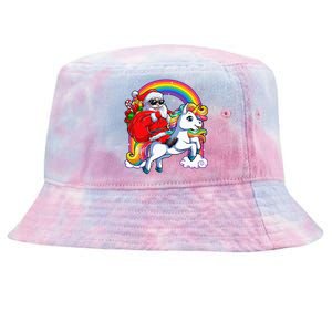 Christmas Santa Riding Unicorn Xmas Women Rainbow Short Sleeve Tie-Dyed Bucket Hat