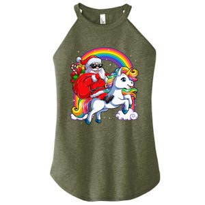 Christmas Santa Riding Unicorn Xmas Women Rainbow Short Sleeve Women’s Perfect Tri Rocker Tank