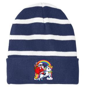 Christmas Santa Riding Unicorn Xmas Women Rainbow Short Sleeve Striped Beanie with Solid Band