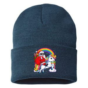 Christmas Santa Riding Unicorn Xmas Women Rainbow Short Sleeve Sustainable Knit Beanie