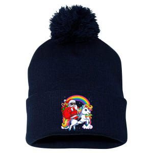 Christmas Santa Riding Unicorn Xmas Women Rainbow Short Sleeve Pom Pom 12in Knit Beanie