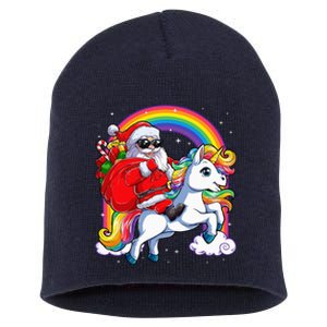 Christmas Santa Riding Unicorn Xmas Women Rainbow Short Sleeve Short Acrylic Beanie