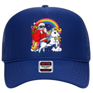 Christmas Santa Riding Unicorn Xmas Women Rainbow Short Sleeve High Crown Mesh Back Trucker Hat