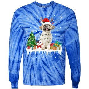 Cute Santa Shih Tzu Dog Christmas Lights Pajama Gift Tie-Dye Long Sleeve Shirt