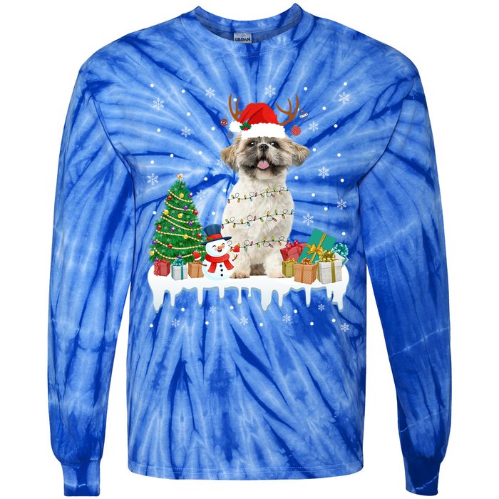 Cute Santa Shih Tzu Dog Christmas Lights Pajama Gift Tie-Dye Long Sleeve Shirt