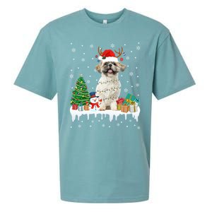 Cute Santa Shih Tzu Dog Christmas Lights Pajama Gift Sueded Cloud Jersey T-Shirt