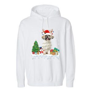 Cute Santa Shih Tzu Dog Christmas Lights Pajama Gift Garment-Dyed Fleece Hoodie