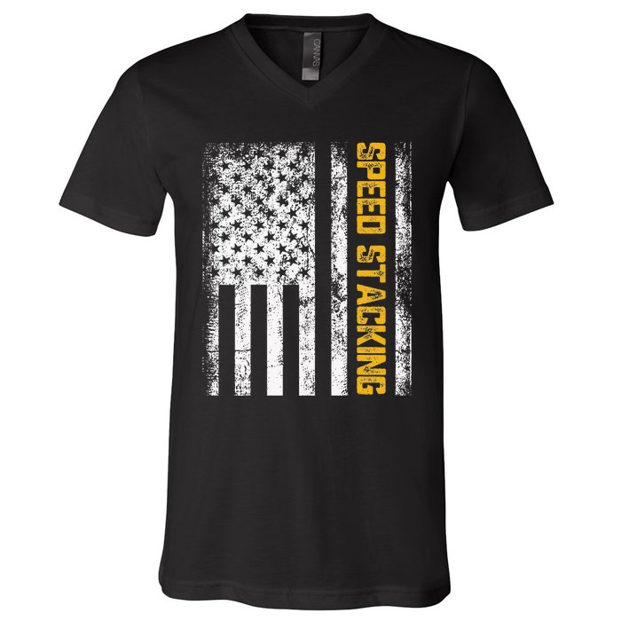 Cup Speed Stacking Sport Stacking Us Flag V-Neck T-Shirt