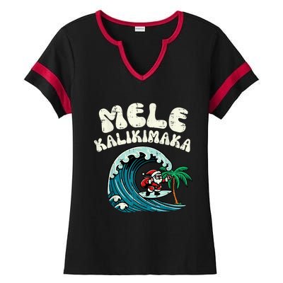 Christmas Surfing Santa Mele Kalikimaka Xmas Ladies Halftime Notch Neck Tee