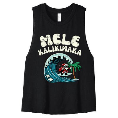 Christmas Surfing Santa Mele Kalikimaka Xmas Women's Racerback Cropped Tank