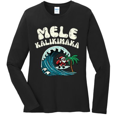 Christmas Surfing Santa Mele Kalikimaka Xmas Ladies Long Sleeve Shirt