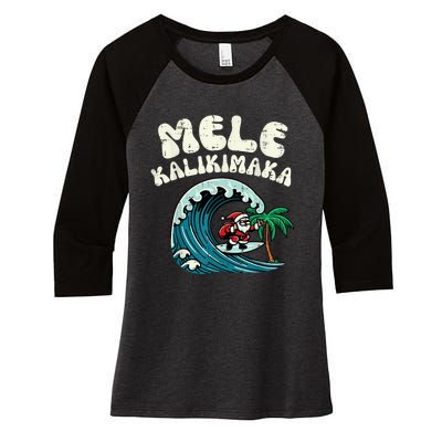 Christmas Surfing Santa Mele Kalikimaka Xmas Women's Tri-Blend 3/4-Sleeve Raglan Shirt