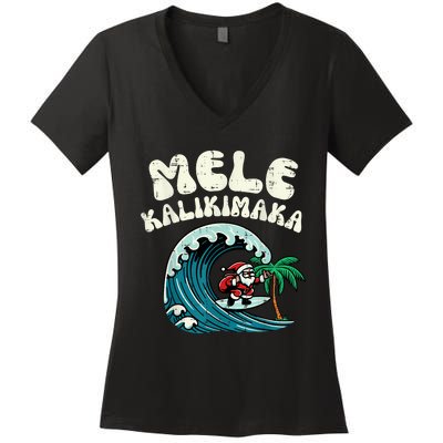 Christmas Surfing Santa Mele Kalikimaka Xmas Women's V-Neck T-Shirt