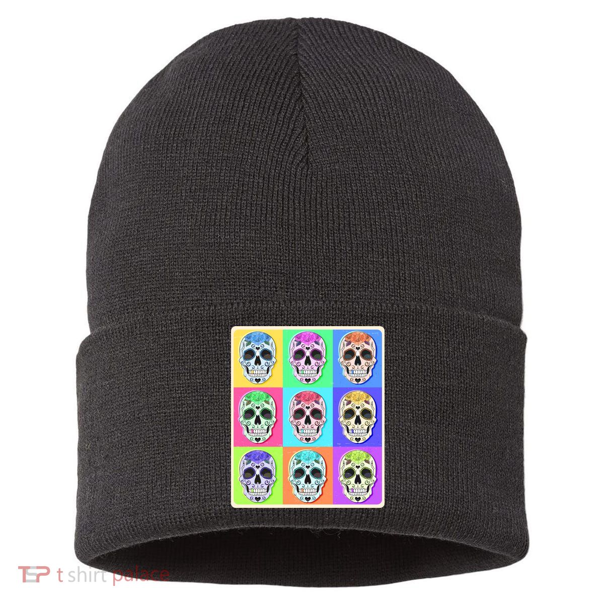 Cool Sugar Skull Pop Art Sustainable Knit Beanie
