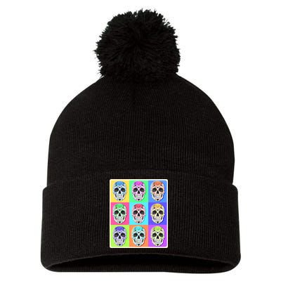 Cool Sugar Skull Pop Art Pom Pom 12in Knit Beanie