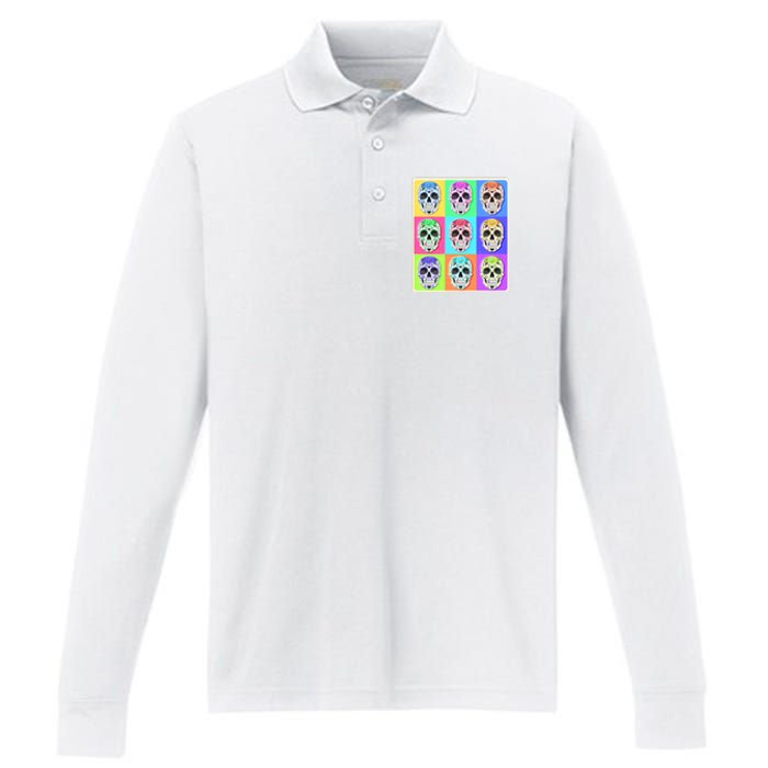 Cool Sugar Skull Pop Art Performance Long Sleeve Polo