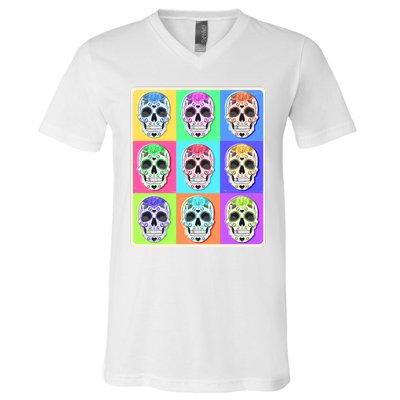 Cool Sugar Skull Pop Art V-Neck T-Shirt