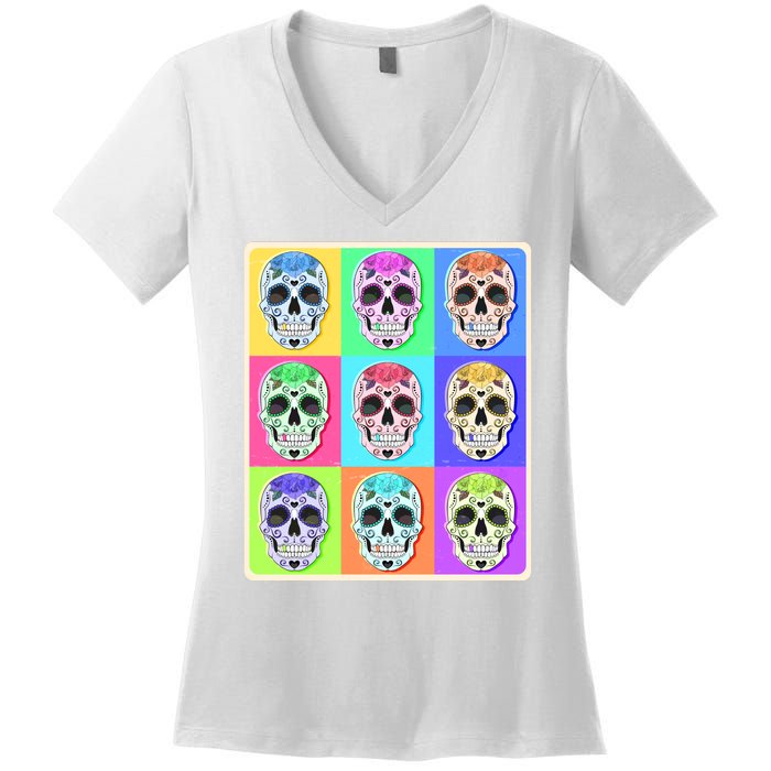 Cool Sugar Skull Pop Art Women's V-Neck T-Shirt