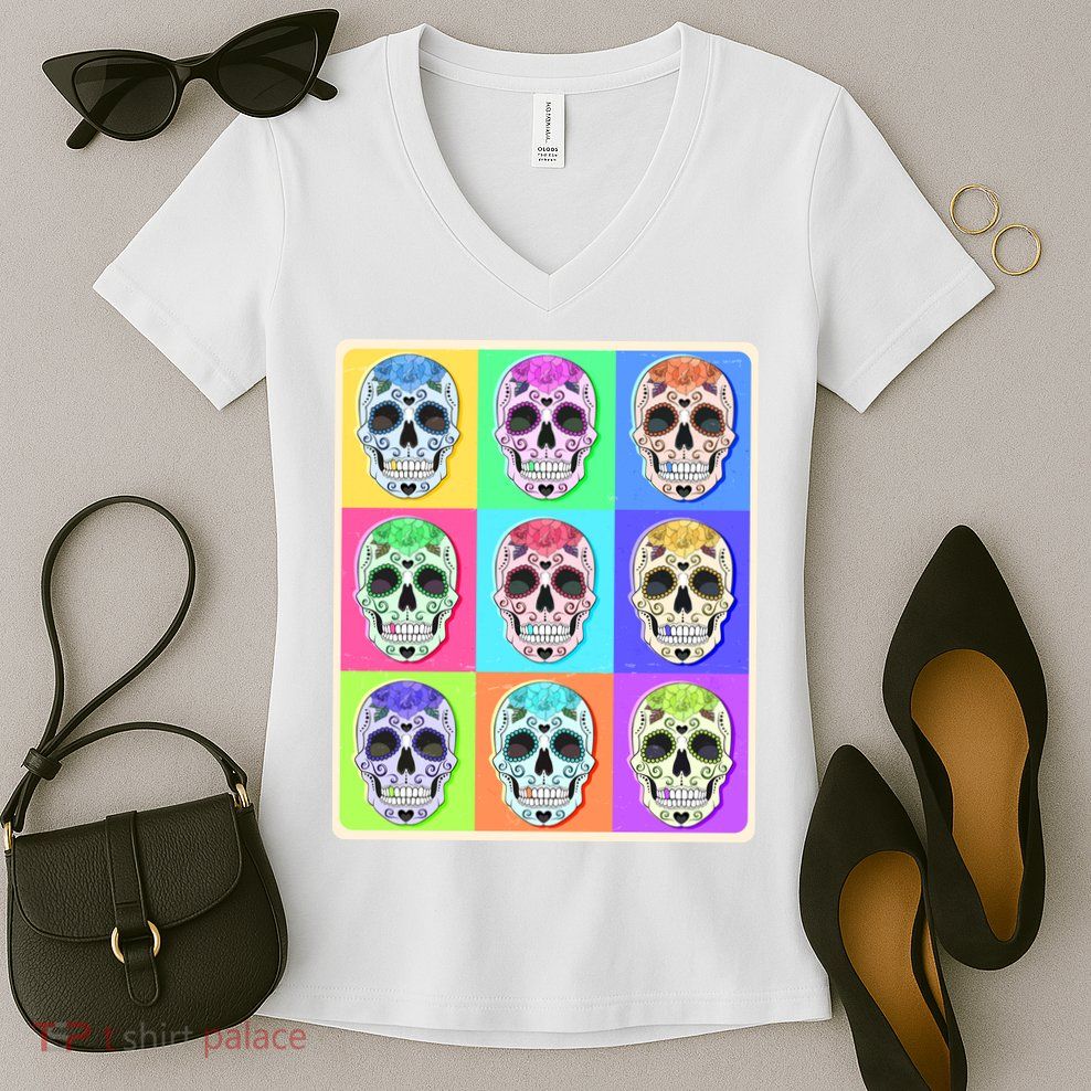 Cool Sugar Skull Pop Art Women's V-Neck T-Shirt