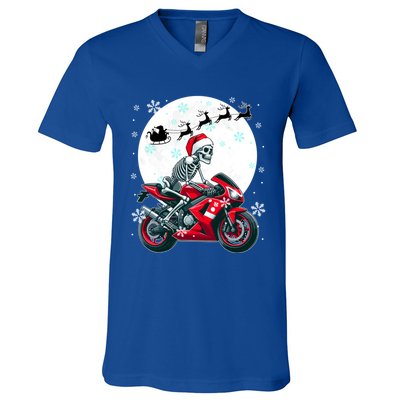 Christmas Santa Skeletons Costume Motorbike Lover Family Cute Gift V-Neck T-Shirt