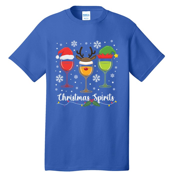 Christmas Spirits Santa Reindeer Elf And Glasses Of Red Wine Cool Gift Tall T-Shirt