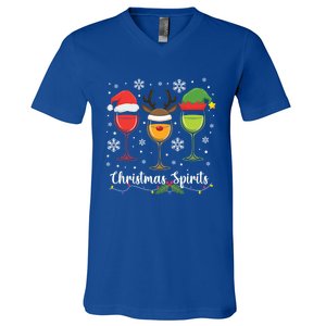 Christmas Spirits Santa Reindeer Elf And Glasses Of Red Wine Cool Gift V-Neck T-Shirt