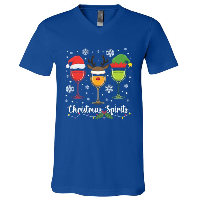 Christmas Spirits Santa Reindeer Elf And Glasses Of Red Wine Cool Gift V-Neck T-Shirt