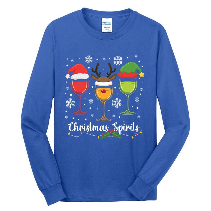 Christmas Spirits Santa Reindeer Elf And Glasses Of Red Wine Cool Gift Tall Long Sleeve T-Shirt