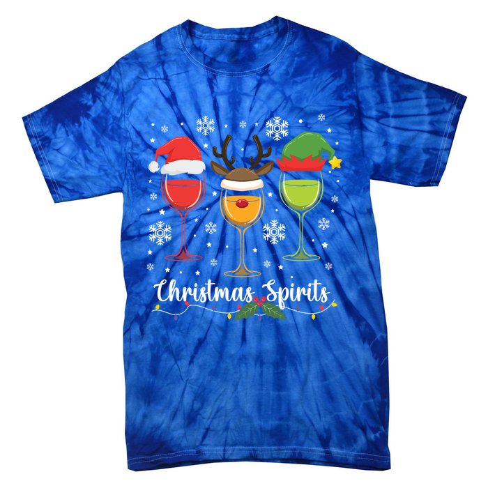 Christmas Spirits Santa Reindeer Elf And Glasses Of Red Wine Cool Gift Tie-Dye T-Shirt