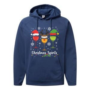 Christmas Spirits Santa Reindeer Elf And Glasses Of Red Wine Cool Gift Performance Fleece Hoodie