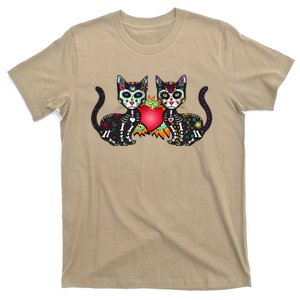 Cute Sugar Skull Cat Duo Heart Mexican Dia De Los Muertos T-Shirt