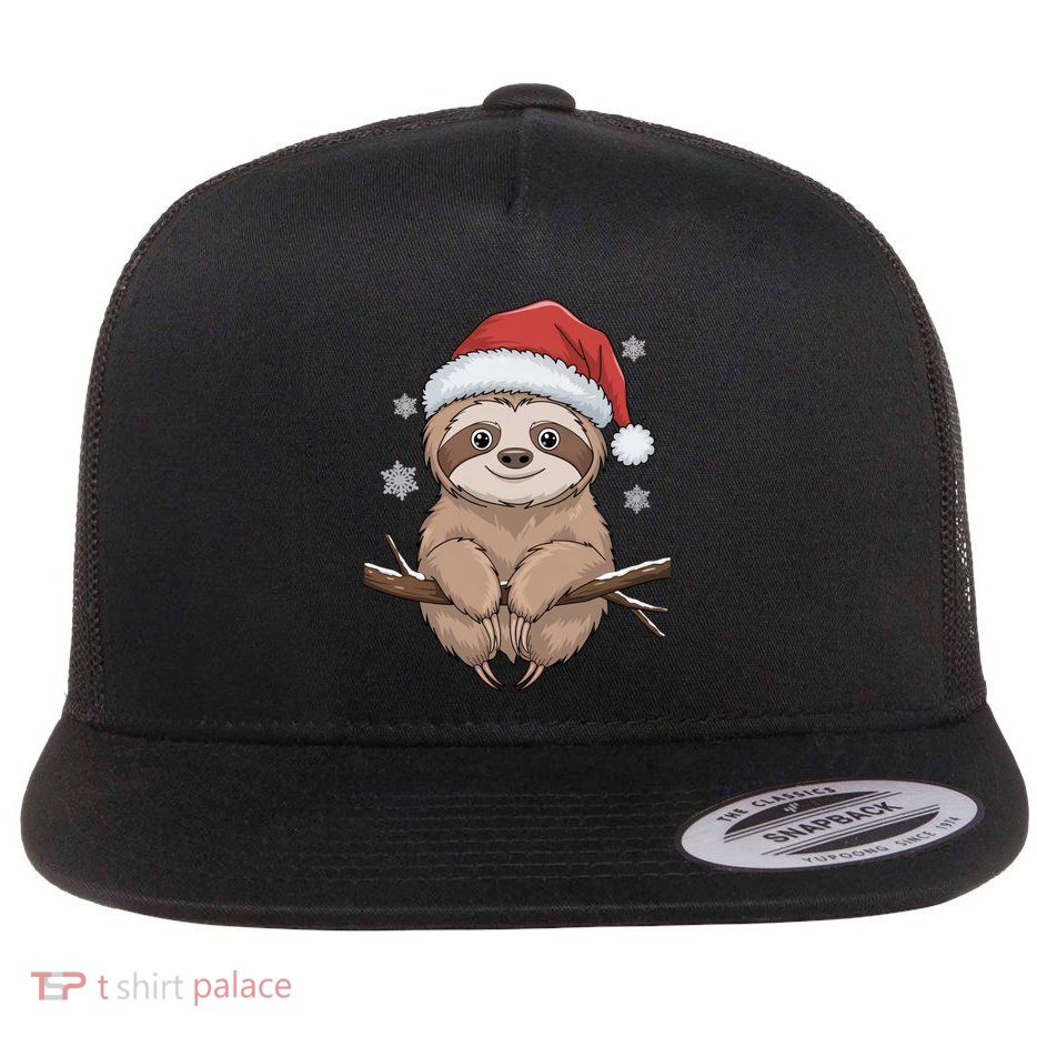 Christmas Sloth Santa Hat Snowflakes Happy Sloth Xmas Gift Flat Bill Trucker Hat