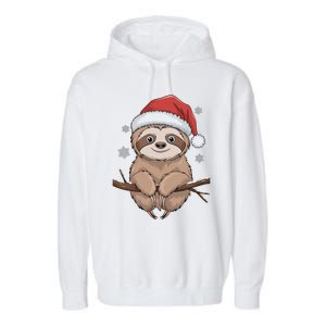 Christmas Sloth Santa Hat Snowflakes Happy Sloth Xmas Gift Garment-Dyed Fleece Hoodie