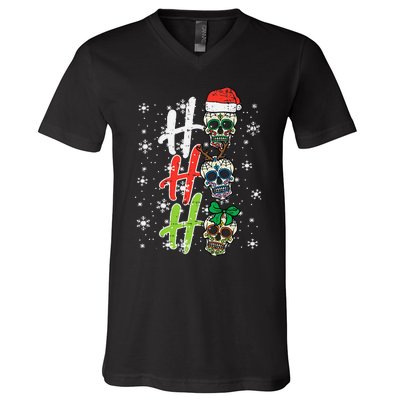 Christmas Sugar Skull Ho Ho Ho Xmas Mexican V-Neck T-Shirt