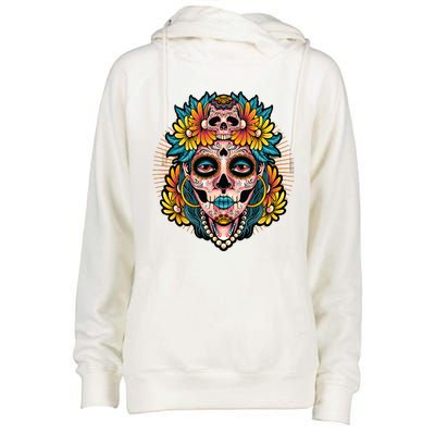 Catrina Sugar Skull Dia De Los Muertos Womens Funnel Neck Pullover Hood