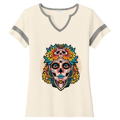 Catrina Sugar Skull Dia De Los Muertos Ladies Halftime Notch Neck Tee