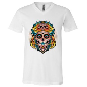 Catrina Sugar Skull Dia De Los Muertos V-Neck T-Shirt