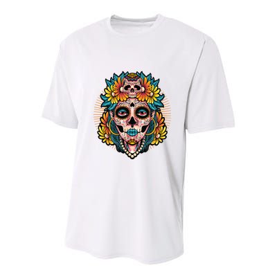 Catrina Sugar Skull Dia De Los Muertos Youth Performance Sprint T-Shirt