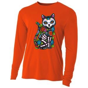 Cat Sugar Skull Mexico Calavera Dia De Los Muertos Halloween Cooling Performance Long Sleeve Crew