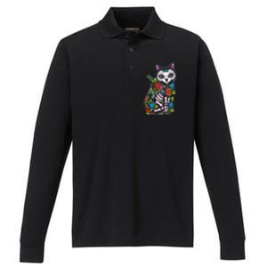 Cat Sugar Skull Mexico Calavera Dia De Los Muertos Halloween Performance Long Sleeve Polo