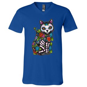 Cat Sugar Skull Mexico Calavera Dia De Los Muertos Halloween V-Neck T-Shirt